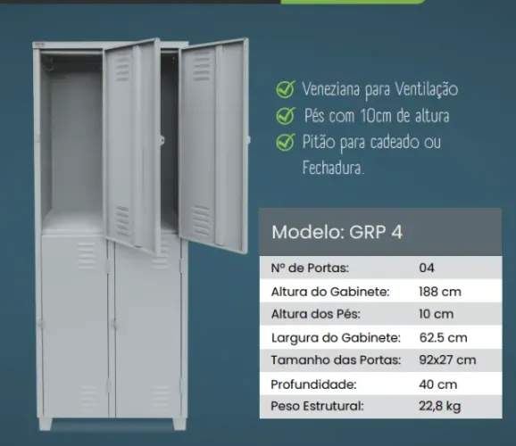 Roupeiro de Aço 04 Portas Grandes - Armário de Aço - GRP4