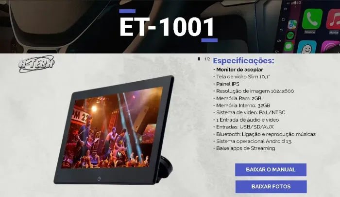 Tela 10 Encosto Cabeça Acoplável Universal H-tech HT-ET1001 USB Bluetooth Android 2gb 32gb