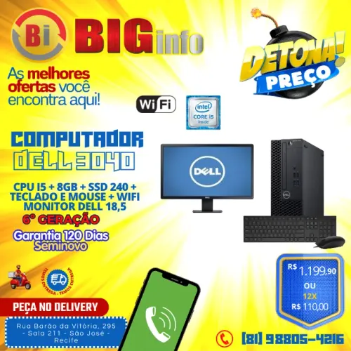 Computador Dell 3040  Core I5 6ger 8gb  240Gb Ssd Monitor 19 Led Teclado Mouse Em ate 10x