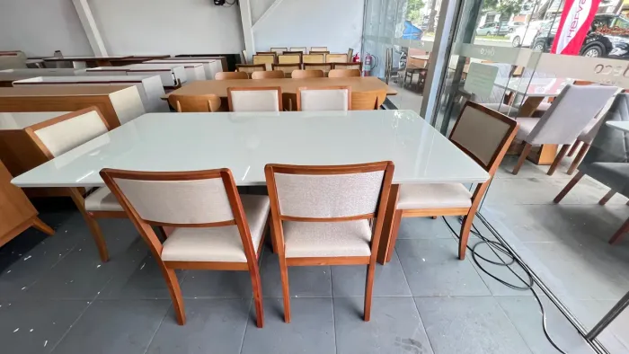 Mesa de Jantar com 6 Cadeiras Tampo Laca Branco