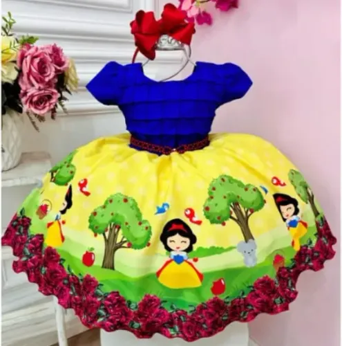 Vestido Infantil da Branca de Neve Azul Temático Luxo
