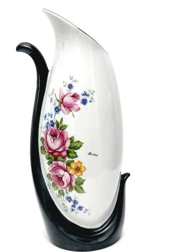 Vaso Floreira Porcelana Teixeira Assinado Lucchesi Design Rosas e Flores pintada à mão