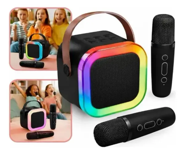 Caixinha Som Led Bluetooth Karaokê Recarregável 2 Microfone Caixa De Som Karaoke Preta 127