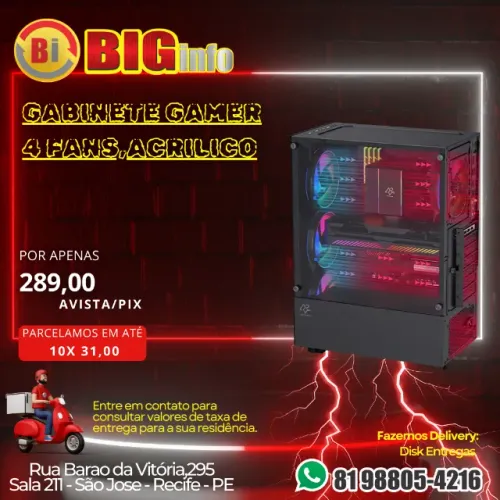 Gabinete Gamer 4 Rgb Led Fans Cooler Vidro Temperado Lateral Cor Preto - NOVO