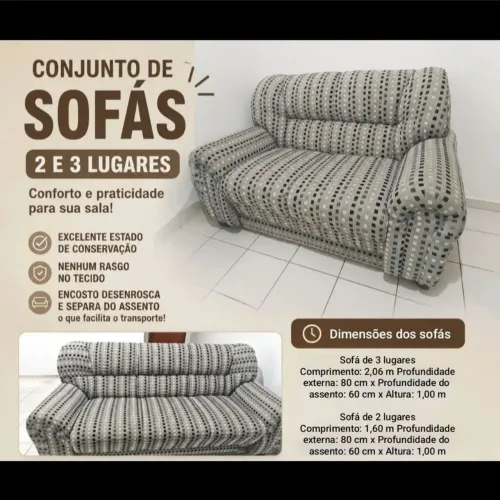 Conjunto de sofás de 2 e 3 lugares, confortável e espaçoso