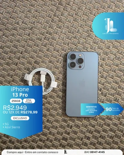 IPHONE 13 PRO, 5G, 256GB, CHIP FÍSICO, AZUL SIERRA, SEMINOVO, EXCLUSIVO!