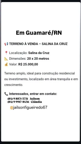 Terreno 20x20, 400m² em Guamaré/RN