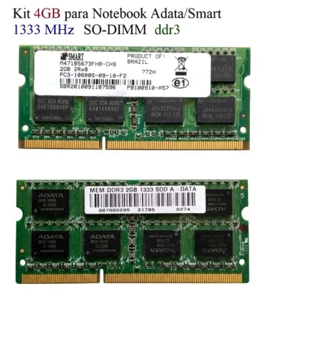Kit de memória RAM 4GB (2+2) para Notebook Adata/Smart 1333 MHz SO-DIMM ddr3