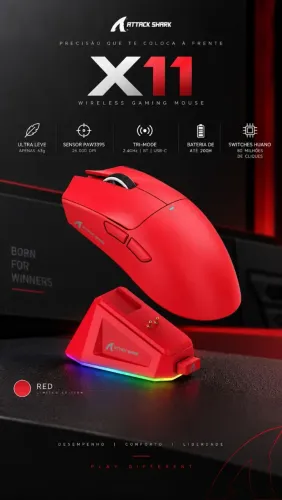 Attarck Shark X11 Vermelho, PAW3311, Dock de carregamento, 22K DPI, 63g - LACRADO