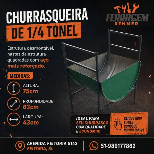Churrascaria 1/4 tonel, estrutura reforçada e desmontável, nova