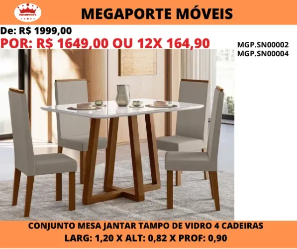 Conjunto Mesa de Jantar Tampo de Vidro 4 Cadeiras