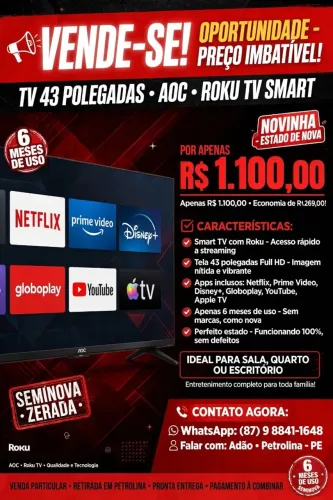 Vende-se tv 43 polegadas seminova .Aoc. roku tv smart