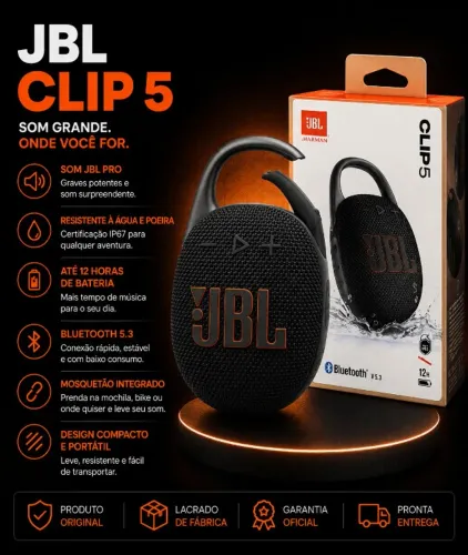 Caixa de Som JBL Clip 5 Portátil Com Até 12 Horas de Bateria