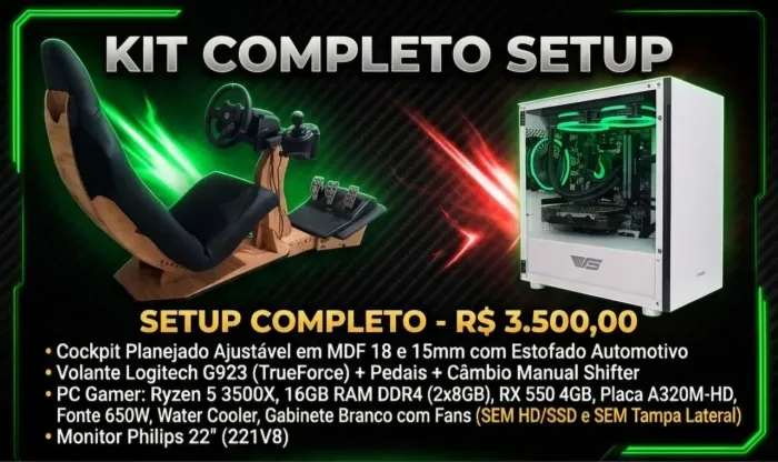 Kit Cockpit + Volante Logitech G923 + PC Gamer Ryzen 5 3500X