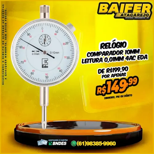 Relógio Comparador 10mm Leitura 0,01mm 4Ac EDA