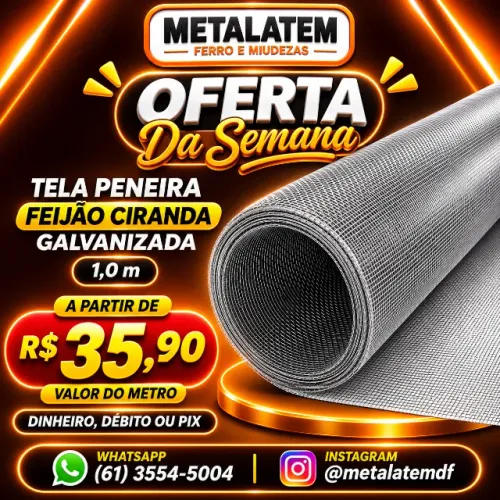 TELA PENEIRA FEIJÃO CIRANDA GALVANIZADA 1,00 METRO DE ALTURA