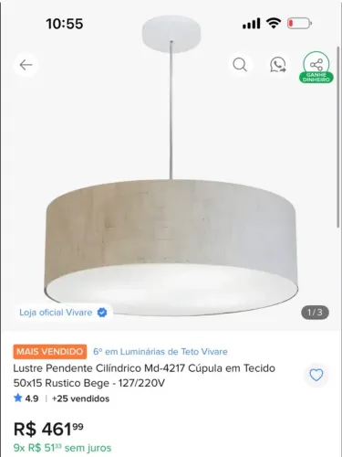 Lustre pendente de linho 50x15