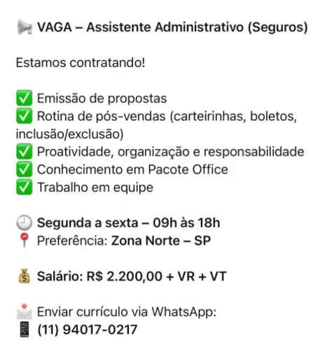 VAGA - Assistente Administrativo (Seguros)