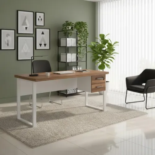 Mesa Escritório Pé Quadro 1,20×0,60m Sem Gavetas Nogal Sevilha/Branco Moderna 34320