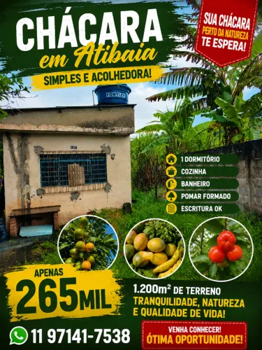 Atibaia chácara 1200m casa simples 