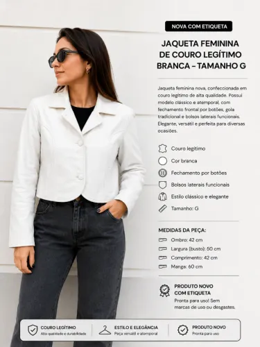 Jaqueta Cropped de Couro Legítimo Branca 