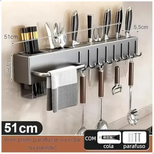 Suporte Organizador Utensílios Cozinha Parede 8 Ganchos Inox