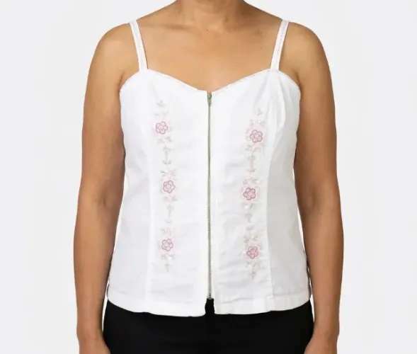 Blusa de alcinha (tipo corpete) com bordado floral e zíper frontal