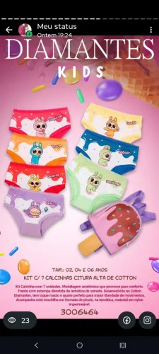 Calcinhas diamantes semaninha infantil