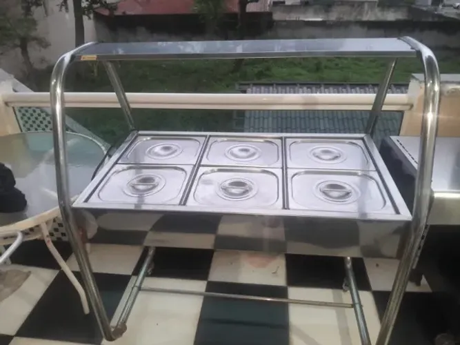 BALCÃO TÉRMICO VENÂNCIO, SEIS CUBAS, AÇO INOX.