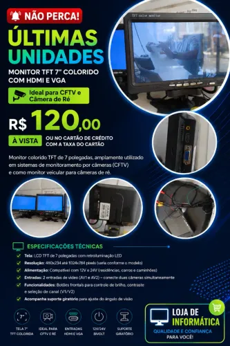monitor com hdmi e vga  colorido TFT de 7 polegadas, amplamente utilizado