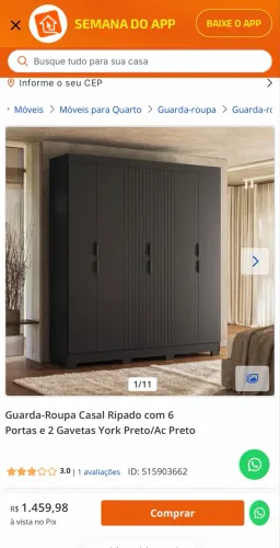 Guarda-Roupa Casal Ripado com 6 Portas e 2 Gavetas York Preto/Ac Preto