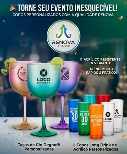 Copos Personalizados para Festa, Long Drink, Taça Gin, Caneca de Acrílico
