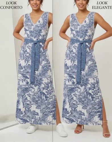 Vestido midi em tricot premium - estampa floral azul e branco