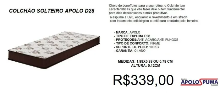 Colchão solteiro espuma d28 largura 12cm - frete gratuito