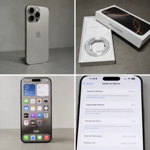 iPhone 16 Pro Titânio Natural + iPhone 14 Meia-Noite - Impecáveis - Caixa Original