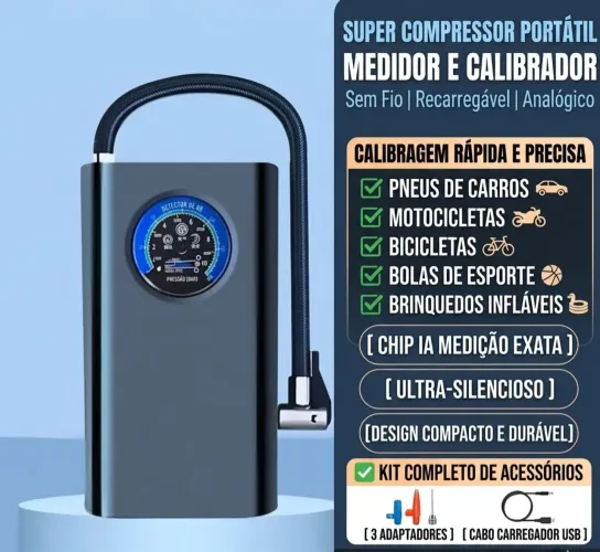 Compressor Detector de Ar Portatil Recarregavél Sem Fio Analógico <br>Calibrador Pneu