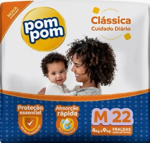 Fralda Pompom Clássica M - 22 Unidades - Pacote Fechado