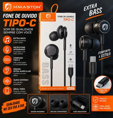 Fone de Ouvido H?Maston EAR-01 Tipo-C com Microfone e Extra Bass - Novo
