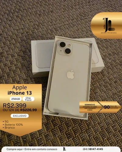 IPHONE 13, 5G, CHIP FÍSICO, 256GB, BRANCO, SEMINOVO, EXCLUSIVO!