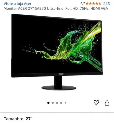 Monitor ACER 27" SA270 Ultra-fino, Full HD, 75Hz, HDMI VGA