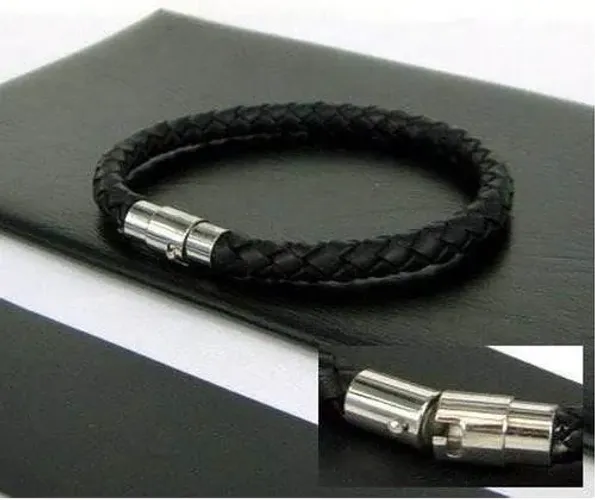 Pulseira Masculina Couro Trançado Fecho Magnético Inox