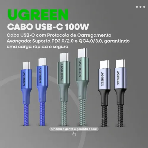 PROMOÇÃO!! Cabo USB-C Ugreen 100w | 1 metro | Blue, Green e Gray