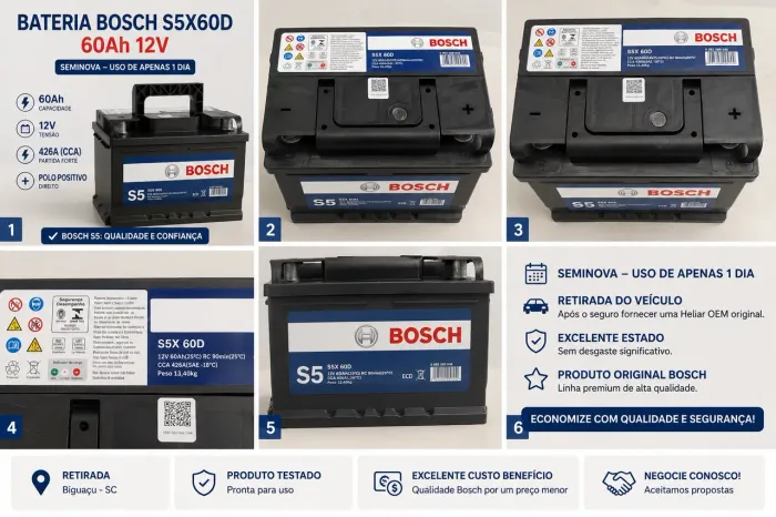 Bateria Bosch S5X60D 60Ah 12V Seminova | Usada Apenas 1 Dia | Igual Nova