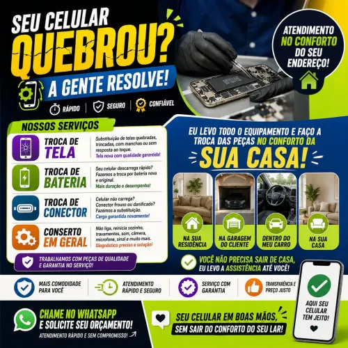 Reparo de Tela, Bateria, Conector do seu celular (no conforto do seu endereço)