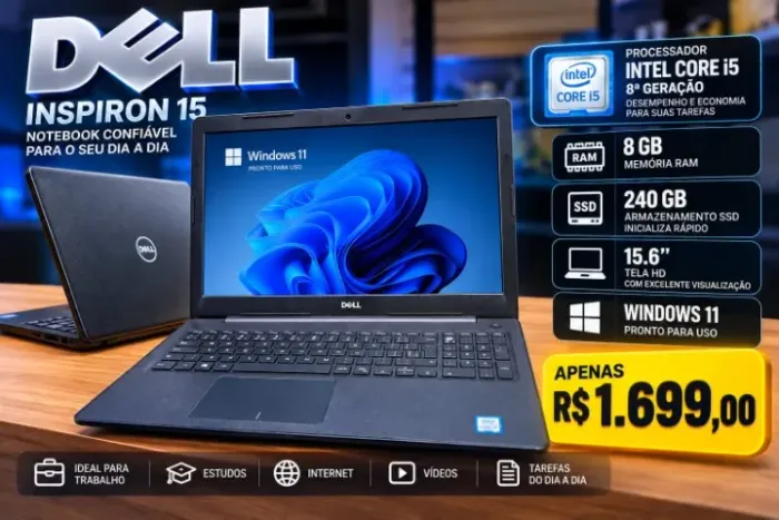 Notebook Dell Inspiron 15 Core i5 8gb ram 240 gb SSD 15,6" Windows 11 Semi-Novo Bateria Ok