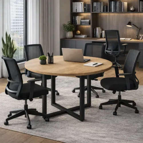 Mesa de Reunião Redonda de Escritório - 0,75x1,20cm - (NOGAL + PRETO) ENTREGAMOS!!