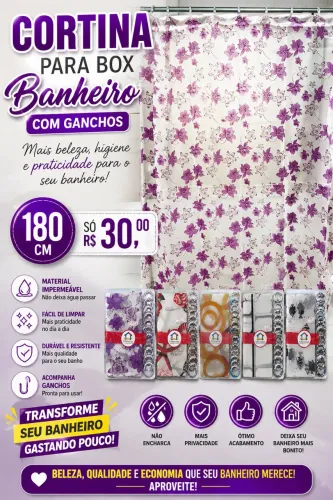 Cortina Para Box Banheiro Com Ganchos