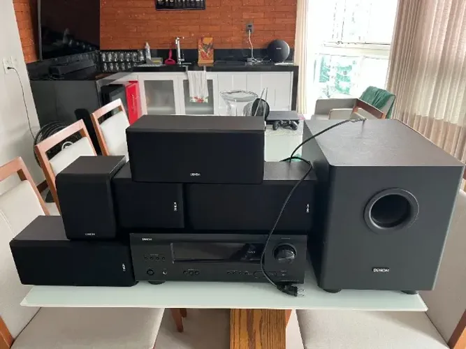 home theater cinema denon avr391 completo sub ativo + 5 caixas impecavel controle manual