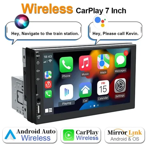 Aparelho Central Multimídia Android Auto e CarPlay 7" sem fio dvd som tela pra carro 1 din