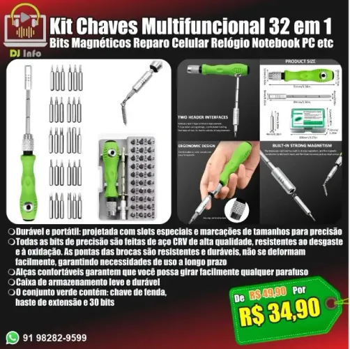 Kit Chaves Multifuncional 32 em 1 Bits Magnéticos Reparo Celular Relógio Notebook PC etc  
